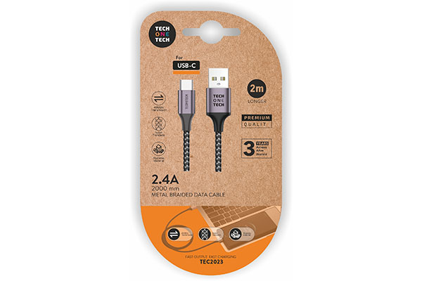 CABLE GRIS NYLON USB-A a USB-C 2M 2.4A TEC2023