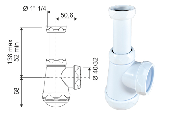 SIFON BOTELLA EXT. 1 1/4 SALIDA HORIZ. 40/32 801542 BRIXO ACQUA  – 801542